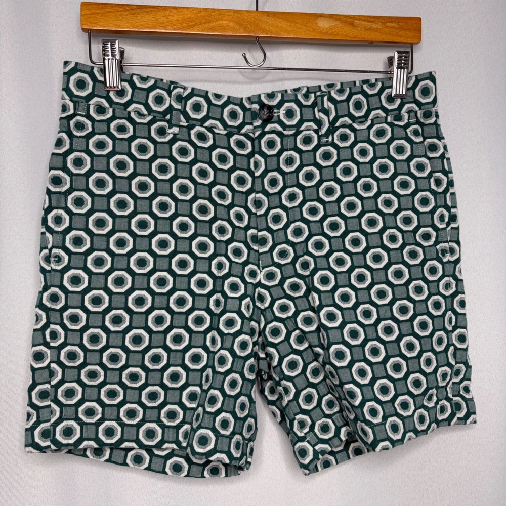 Murano Mens Geometric Print Shorts Green White Octagon Cotton‎ Size 32 RN 58909